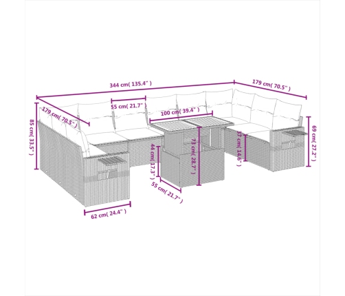 vidaXL 11-daļīgs dārza dīvāna komplekts, matrači, melna PE rotangpalma