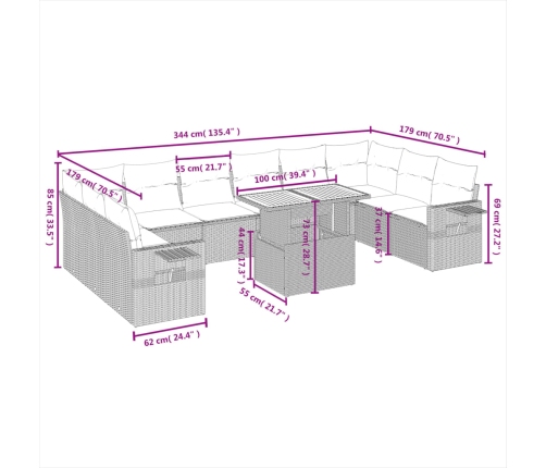 vidaXL 11-daļīgs dārza dīvāna komplekts ar matračiem, pelēks PE pinums