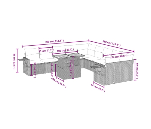 vidaXL 11-daļīgs dārza dīvāna komplekts, matrači, bēša PE rotangpalma
