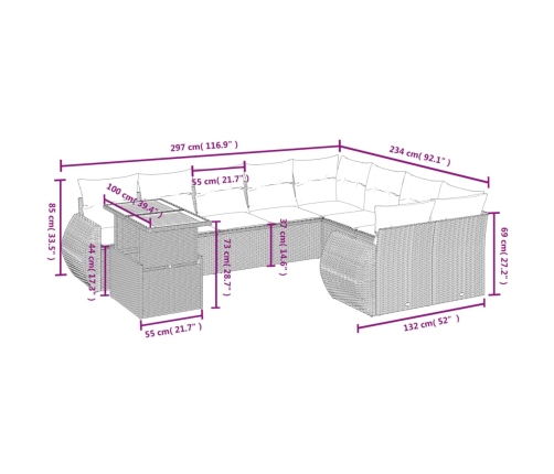 vidaXL 10-daļīgs dārza dīvāna komplekts, matrači, melna PE rotangpalma
