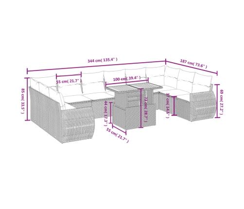 11-Daļīgs Dārza Dīvāna Komplekts, Matrači, Bēša Pe Rotangpalma Vidaxl