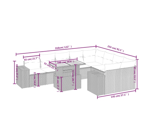 vidaXL 10-daļīgs dārza dīvāna komplekts, matrači, bēša PE rotangpalma