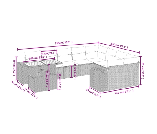 vidaXL 10-daļīgs dārza dīvāna komplekts, matrači, melna PE rotangpalma