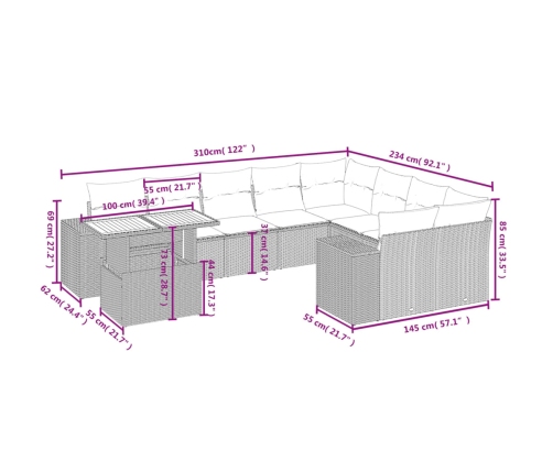 10-Daļīgs Dārza Dīvāna Komplekts, Matrači, Bēša Pe Rotangpalma Vidaxl