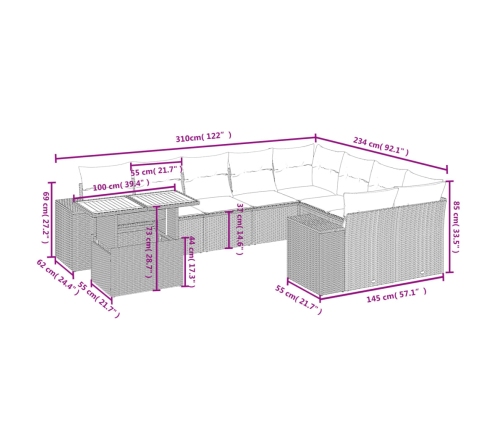 vidaXL 10-daļīgs dārza dīvāna komplekts ar matračiem, pelēks PE pinums