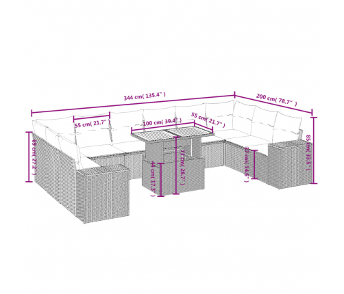 vidaXL 11-daļīgs dārza dīvāna komplekts, matrači, melna PE rotangpalma