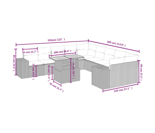 vidaXL 11-daļīgs dārza dīvāna komplekts, matrači, melna PE rotangpalma
