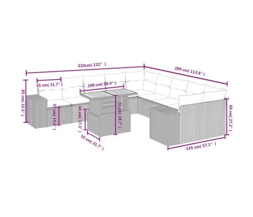 vidaXL 11-daļīgs dārza dīvāna komplekts, matrači, bēša PE rotangpalma