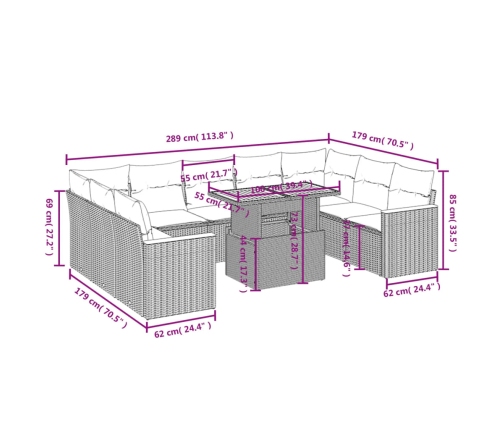 vidaXL 10-daļīgs dārza dīvāna komplekts, matrači, bēša PE rotangpalma