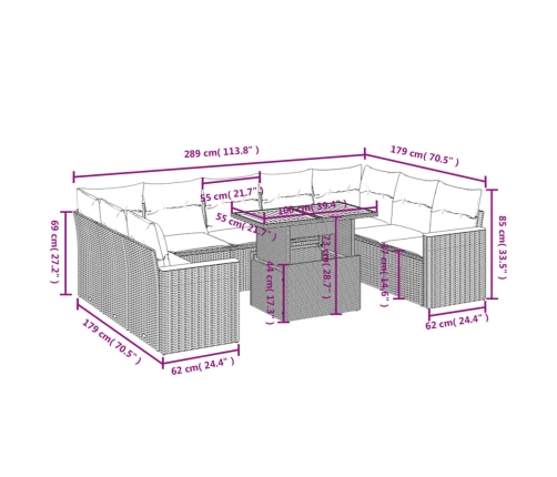 vidaXL 10-daļīgs dārza dīvāna komplekts ar matračiem, pelēks PE pinums