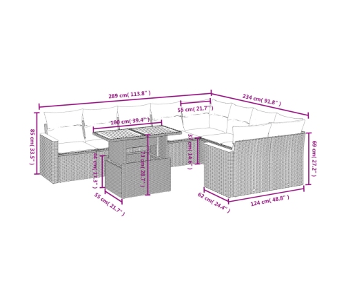 vidaXL 10-daļīgs dārza dīvāna komplekts ar matračiem, pelēks PE pinums