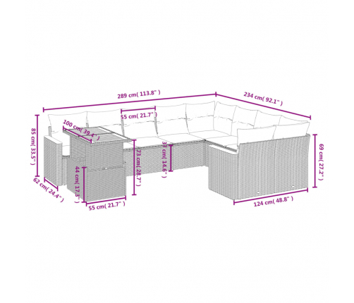 vidaXL 10-daļīgs dārza dīvāna komplekts, matrači, melna PE rotangpalma