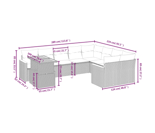 vidaXL 10-daļīgs dārza dīvāna komplekts, matrači, bēša PE rotangpalma