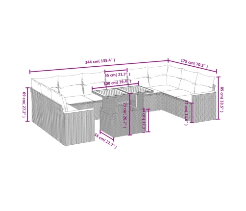 vidaXL 11-daļīgs dārza dīvāna komplekts, matrači, bēša PE rotangpalma