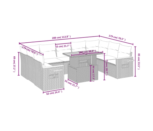 vidaXL 10-daļīgs dārza dīvāna komplekts, matrači, melna PE rotangpalma