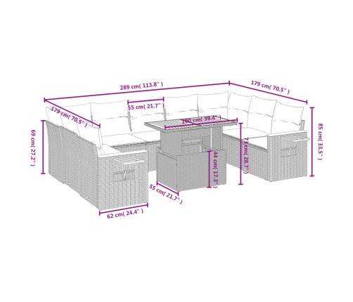 10-Daļīgs Dārza Dīvāna Komplekts Ar Matračiem, Pelēks Pe Pinums Vidaxl