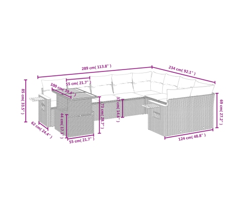 vidaXL 10-daļīgs dārza dīvāna komplekts, matrači, melna PE rotangpalma