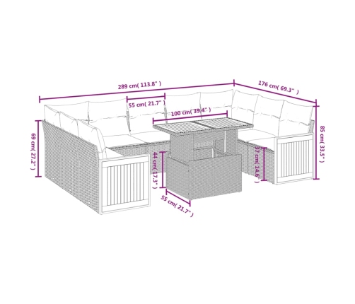 vidaXL 10-daļīgs dārza dīvāna komplekts, matrači, bēša PE rotangpalma