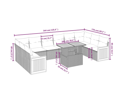 vidaXL 11-daļīgs dārza dīvāna komplekts ar matračiem, pelēks PE pinums