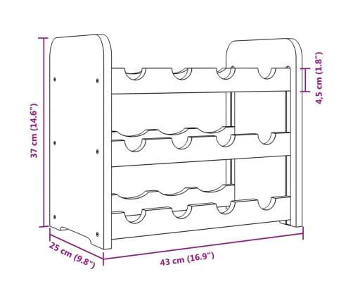 vidaXL vīna pudeļu plaukts, 43x25x37 cm, priedes masīvkoks