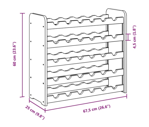 vidaXL vīna pudeļu plaukts, 67,5x25x60 cm, priedes masīvkoks