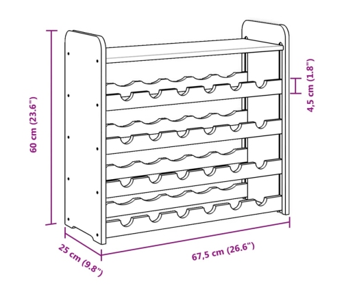 vidaXL vīna pudeļu plaukts, 67,5x25x60 cm, priedes masīvkoks