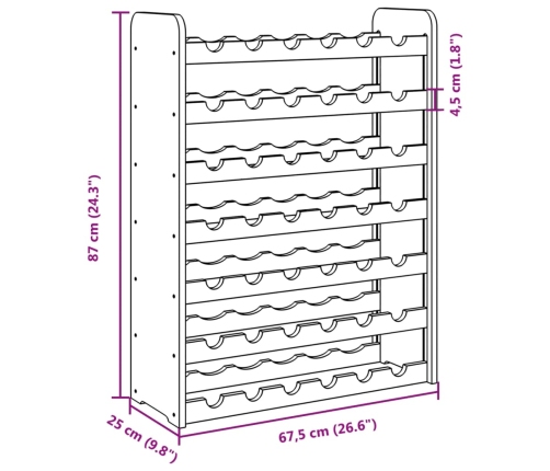 vidaXL vīna pudeļu plaukts, 67,5x25x87 cm, priedes masīvkoks