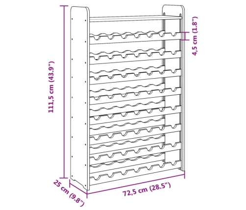 vidaXL vīna pudeļu plaukts, 72,5x25x111,5 cm, priedes masīvkoks