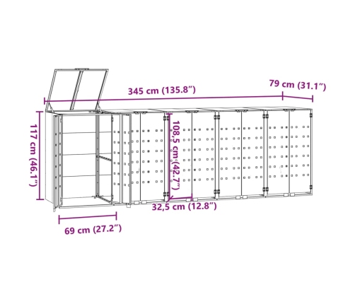 vidaXL atkritumu tvertņu novietne, melna, 345x79x117 cm, tērauds