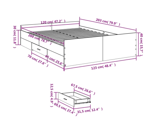 vidaXL gultas rāmis ar atvilktnēm, ozola, 120x200cm, inženierijas koks