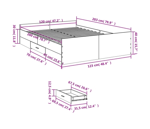vidaXL gultas rāmis ar atvilktnēm, brūns, 120x200cm, inženierijas koks