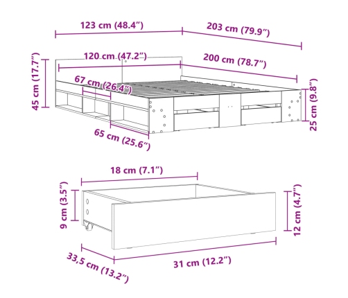 vidaXL gultas rāmis ar atvilktnēm, pelēka ozola, 120x200 cm