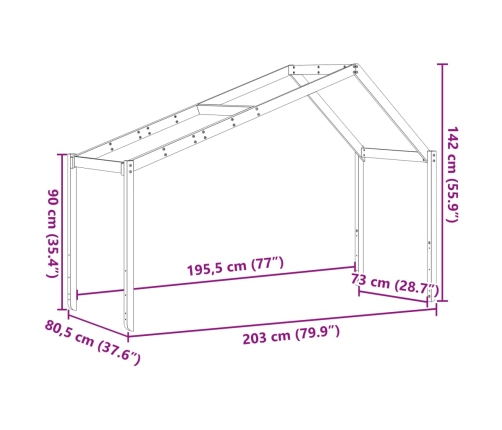 vidaXL bērnu gultas jumts, 203x80,5x142 cm, priedes masīvkoks