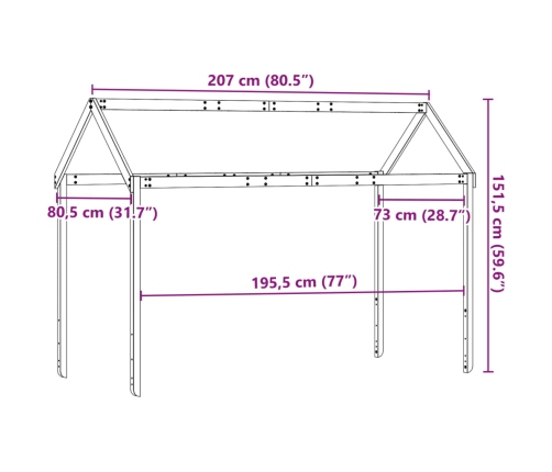 vidaXL bērnu gultas jumts, 207x80,5x151,5 cm, priedes masīvkoks