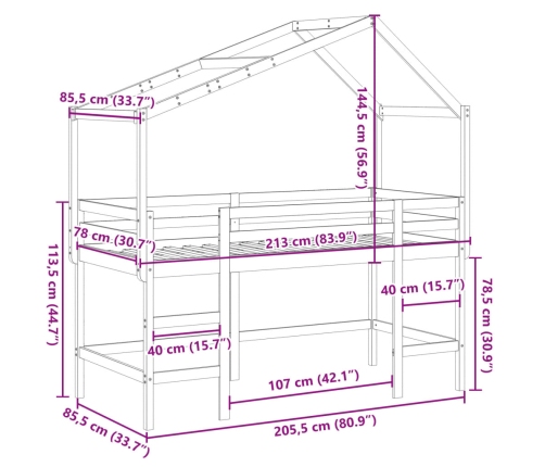 vidaXL augstā gulta ar jumtu, 80x200 cm, priedes masīvkoks