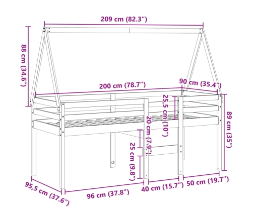 vidaXL augstā gulta ar jumtu, 80x200 cm, priedes masīvkoks