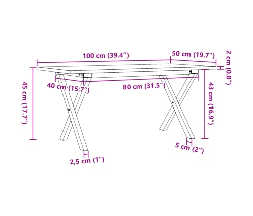 vidaXL kafijas galdiņš, X-rāmis, 100x50x45 cm, priedes koks, čuguns