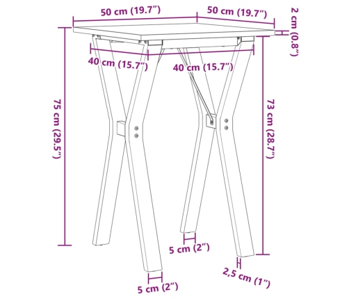 vidaXL virtuves galds, Y-rāmis, 50x50x75 cm, priedes koks, čuguns