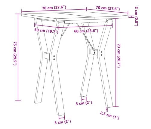 vidaXL virtuves galds, Y-rāmis, 70x70x75 cm, priedes koks, čuguns