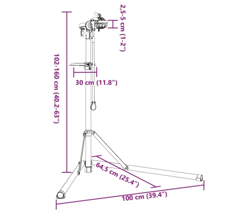 vidaXL velosipēdu remonta statīvs, salokāms, 102-160 cm, alumīnijs
