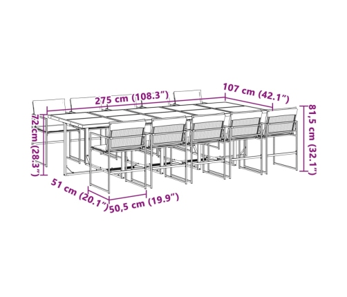 vidaXL 11-daļīgs dārza mēbeļu komplekts ar matračiem, balts tekstilēns