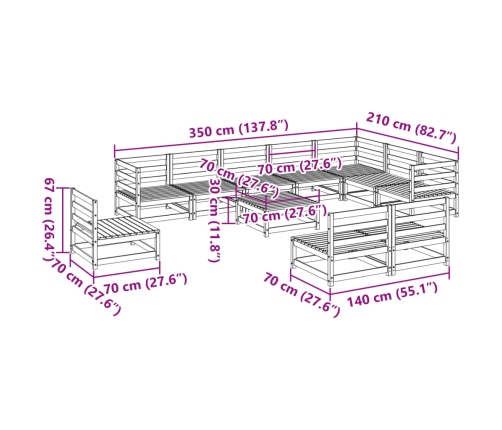 vidaXL 11-daļīgs dārza dīvānu komplekts, impregnēts priedes koks