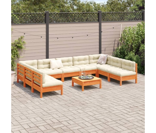 vidaXL 10-daļīgs dārza dīvānu komplekts, matrači, brūns priedes koks