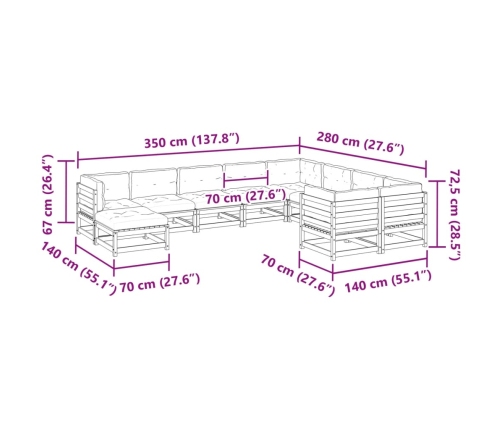 vidaXL 10-daļīgs dārza dīvānu komplekts vaska brūnas priedes masīvkoks
