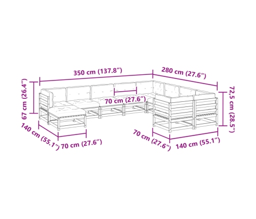 10-Daļīgs Dārza Dīvāna Komplekts Ar Matračiem Impregnēta Priede Vidaxl