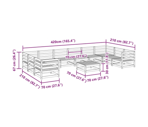 vidaXL 11-daļīgs dārza dīvānu komplekts, priedes masīvkoks