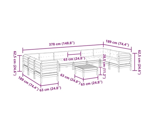 11-Daļīgs Dārza Dīvānu Komplekts, Matrači, Brūns Priedes Koks Vidaxl