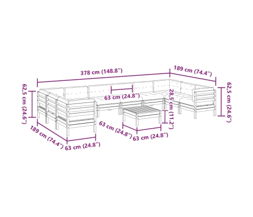 11-Daļīgs Dārza Dīvāna Komplekts Ar Matračiem Impregnēta Priede Vidaxl