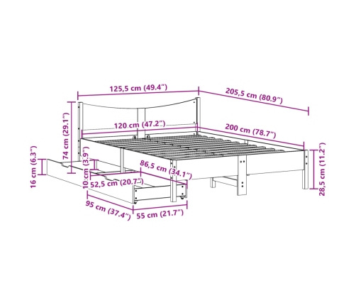 vidaXL gultas rāmis ar atvilktnēm, 120x200 cm, priedes masīvkoks