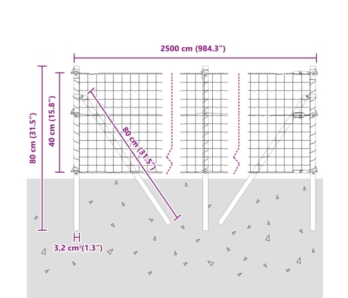 Žogs Ar Stabiem Pelēka 0.4 X 25 M Pulverkrāsota Cinkota Tērauds Vidaxl
